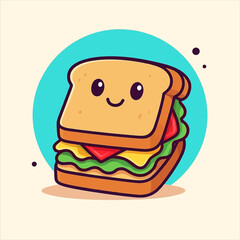 Cute Smiling Sandwich with Lettuce, Tomato, and Cheese Cartoon