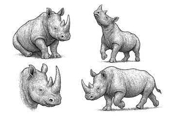 Rhinoceros sketches in detailed vintage engraving style with multiple poses, Transparent Background