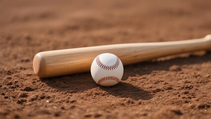 Baseball and bat on dirt field