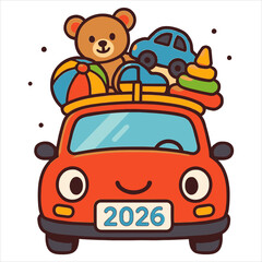Playful Red Car with Toys and License Plate Displaying the Year 2026, a Fun Illustration for Kids!