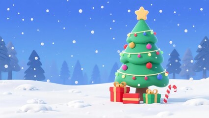 Obraz premium Christmas tree in snow with gifts
