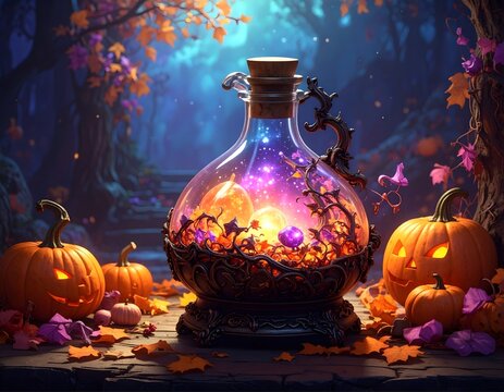 Magical Glowing Potion Bottle in an Enchanted Autumn Forest at Night.