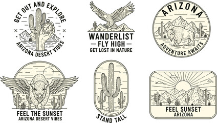 Illustration of vintage arizona desert vibes collection featuring cactus, eagle, and mountain designs, perfect for travel enthusiasts and nature lovers seeking adventure and inspiration