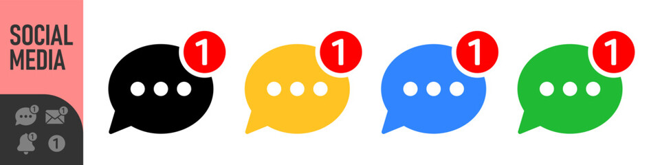 Set of notification icons for email, bell, and chat message with red alert or notification badge (number one). Perfect for new messages, alerts, and updates, social media, communication icons