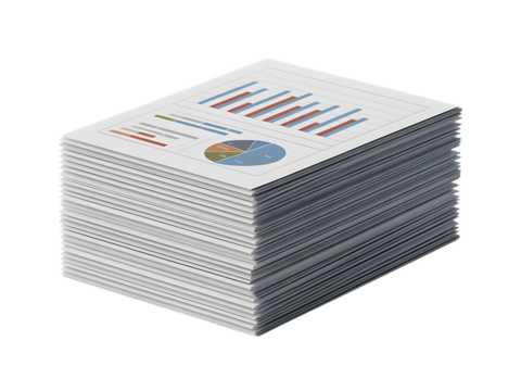 A stack of documents with charts and graphs, isolated on transparent background - Powered by Adobe