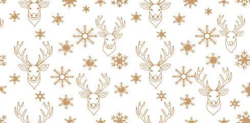 Gold reindeer and snowflake pattern isolated on transparent background