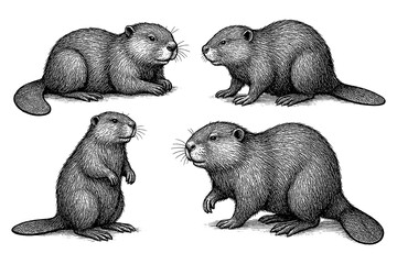 Beaver poses and face in detailed pen sketch style, Transparent Background