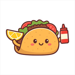 Adorable Cartoon Taco Character Holding Lemon and Ketchup Smiling Happily.