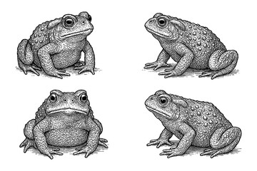 Toad poses and face in detailed pen sketch style, Transparent Background