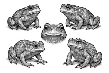 Toad poses and face in detailed pen sketch style, Transparent Background