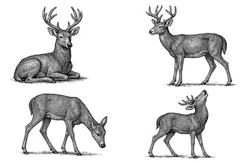 Deer and stag poses in pen sketch style, Transparent Background