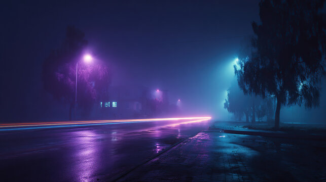 Vibrant neon light trails streak down a wet, foggy street at night, creating a moody, futuristic urban atmosphere.