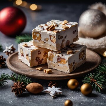 Turr&oacute;n artesanal blanco con almendras tostadas apilado en plato de madera, decoraci&oacute;n navide&ntilde;a y ramas de pino
