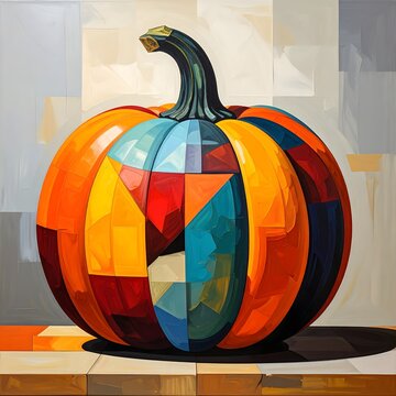 Vibrant abstract pumpkin artwork in a contemporary cubist style.