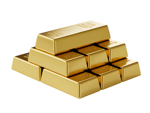 A pyramid stack of shiny gold bars isolated on transparent background