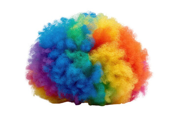 A vibrant, multicolored, fluffy ball of yarn or fabric.  Rainbow colors swirl and blend in a dense, textured sphere against a black background