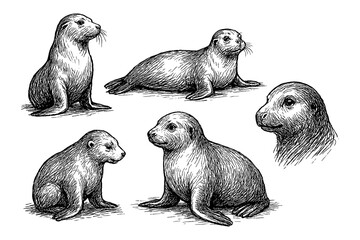 Seal poses and portraits in detailed pen sketch style, Transparent Background
