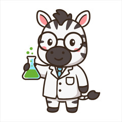Adorable Zebra Scientist Holding Flask with Green Chemical Solution.