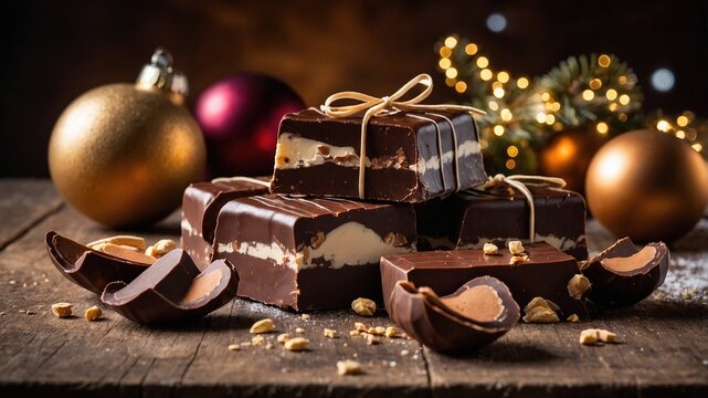 Bolas navide&ntilde;as doradas y burdeos con luces bokeh c&aacute;lidas y regalo artesanal con cuerda de yute sobre fondo oscuro &ndash; decoraci&oacute;n elegante de Navidad