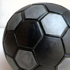 A close up view of a black and gray soccer ball with hexagonal and pentagonal panels visible clearly
