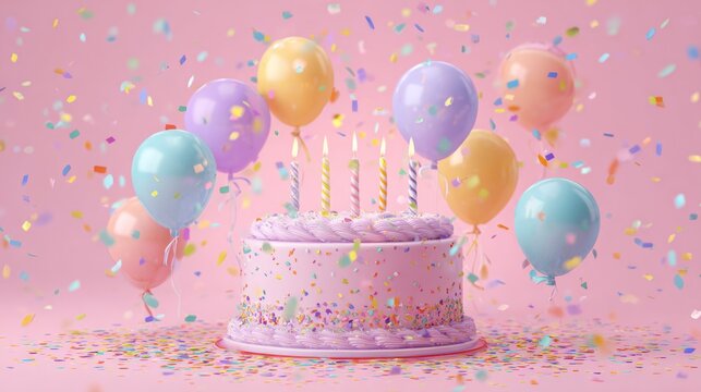 Celebration scene with lit candles on festive cake, colorful balloons, bright confetti background, and cheerful party atmosphere for special occasion decor and celebration themes