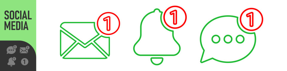 Set of notification icons for email, bell, and chat message with red alert or notification badge (number one). Perfect for new messages, alerts, and updates, social media, communication icons