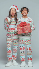 Two Happy Asian Children Posing In Matching Cozy White Fuzzy Christmas Pajamas And Santa Hat