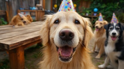Happy golden retriever dog celebrating at a colorful birthday party with balloons, party hats, confetti, and festive decorations for fun pet celebration and joyful moments
