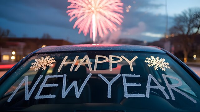 Bright new year s eve fireworks display illuminates the night sky above a car window message - Powered by Adobe