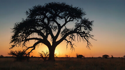 Leafless Tree Silhouette at Sunset – Serene Savanna Landscape with Vibrant Sky and Natural Beauty Elements, 32K Revolution 