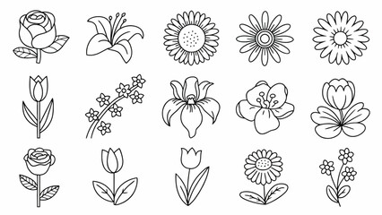 Delicate floral illustrations in outline style ideal for coloring books or graphic design projects promoting nature beauty and creativity