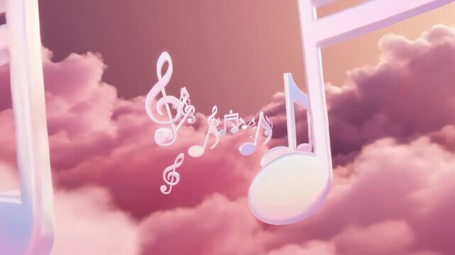Magical musical notes flying through a dreamy sunset sky with fluffy pink clouds, creating a fantastical and serene atmosphere of sound and imagination for a seamless looping background animation