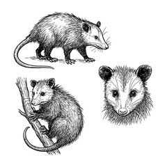 Opossum sketches in detailed vintage engraving style with multiple poses, Transparent Background