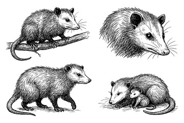 Opossum sketches in detailed vintage engraving style with multiple poses, Transparent Background