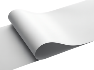 A blank white paper roll is curved and isolated on a transparent background