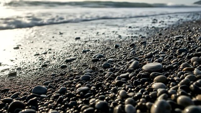 Close-up view of smooth pebbles on a serene beach with gentle waves in the background