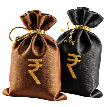 Two fabric money bags, one brown and one black, with golden rupee symbols and decorative cords, isolated on white background. Concept for savings, investment, or finance.