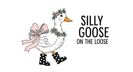 Cute cartoon goose wearing a floral crown and pink polka dot bow, with matching rain boots.