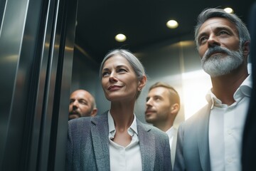 Confident business people in elevator wearing formal suit, diverse group of professionals with serious expressions, modern corporate environment with soft lighting