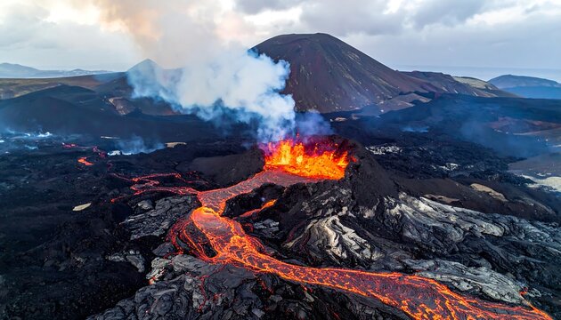 Erupting volcano with flowing lava rivers under a cloudy sky in a desolate landscape - Powered by Adobe