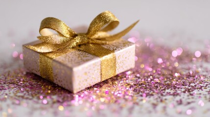 Open gift box with shiny gold ribbon and pink confetti explosion, festive celebration concept for birthdays, anniversaries, and special occasions, colorful party surprise and decorative packaging scen