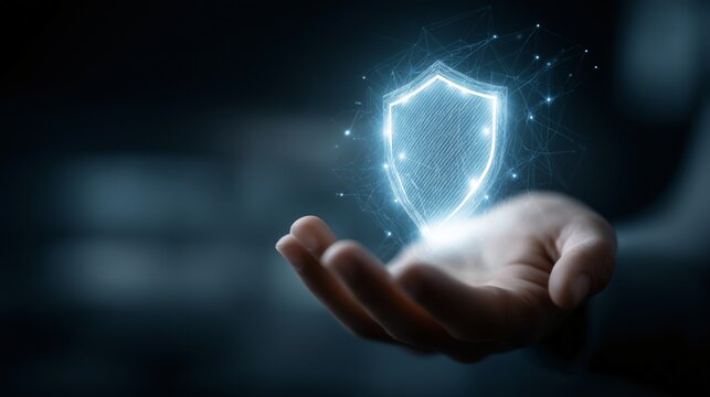 Hand holding glowing digital shield hologram symbolizing cybersecurity and data protection in dark background with blue light effect