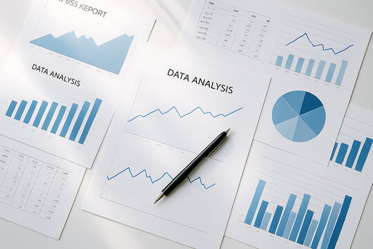 Data analysis financial charts and business reports with bar graphs line graphs and pie chart documents on office desk with pen