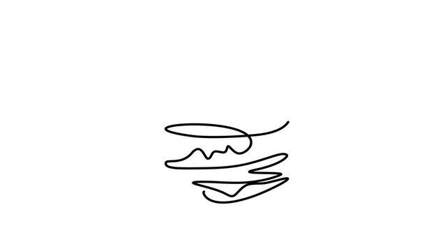 Animated self drawing of continuous line draw of burger. Single line drawing of hamburger . Silhouette of fast food restaurant burger with cheese, cutlet and salad. Full length one line animation.	