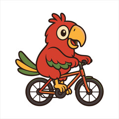 Whimsical cartoon parrot enthusiastically pedals a vibrant bicycle, showcasing a fun and playful mode of transport for a feathered friend