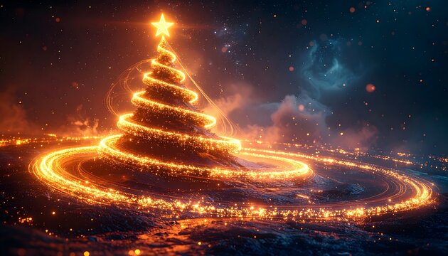 Ethereal Christmas tree outlined in bright golden light with a shining star against a dark, cosmic background - Powered by Adobe