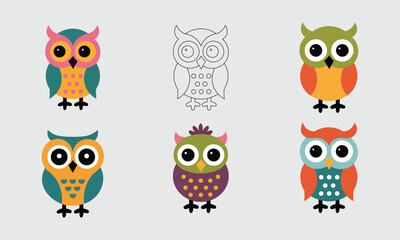 Fototapeta premium Cute Cartoon Owls Set Vector Illustration Collection
