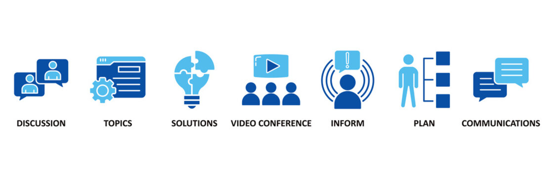 Meeting icon set In Blue Style vector illustration for business meeting and discussion with communications, topics, solutions, plan, inform and video conference icon