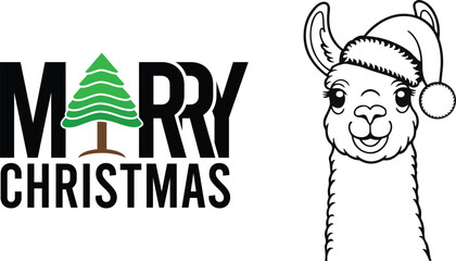Merry christmas text with a cute llama wearing a santa hat outline © Alihaaz Creations