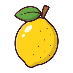 Cartoon Lemon with Green Leaf and Brown Stem Outlined in Dark Brown.